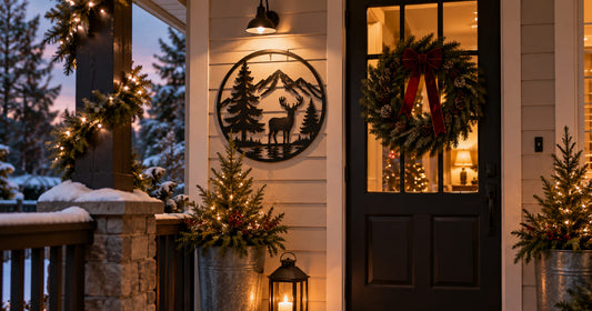 A front porch decorated for Christmas with a metal welcome sign, evergreen garland, wreath and lanterns in the snow