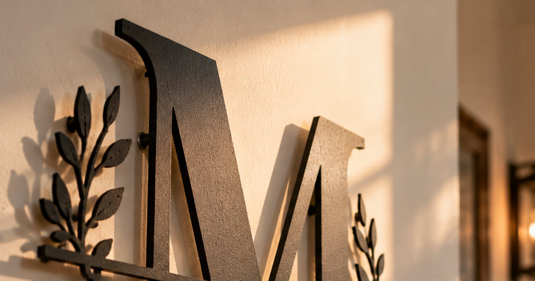 Close up of a black split letter monogram steel sign with foliage detail mounted on a warm white exterior wall