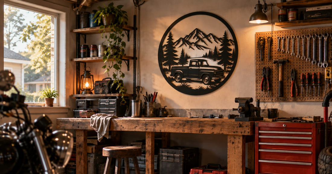 Custom metal wall art mounted above a wooden workbench in a home garage workshop