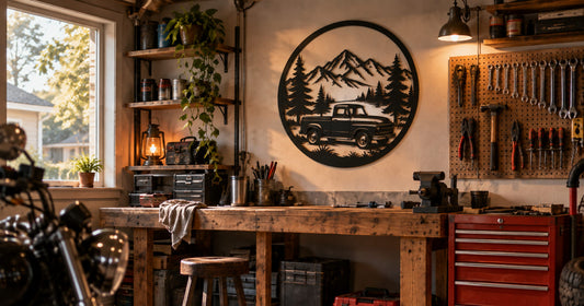 Custom metal wall art mounted above a wooden workbench in a home garage workshop