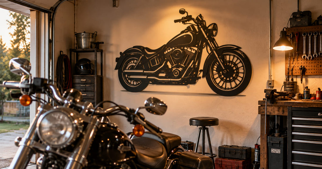 A laser cut steel motorcycle silhouette sign mounted on a home garage wall with a cruiser parked in front of it