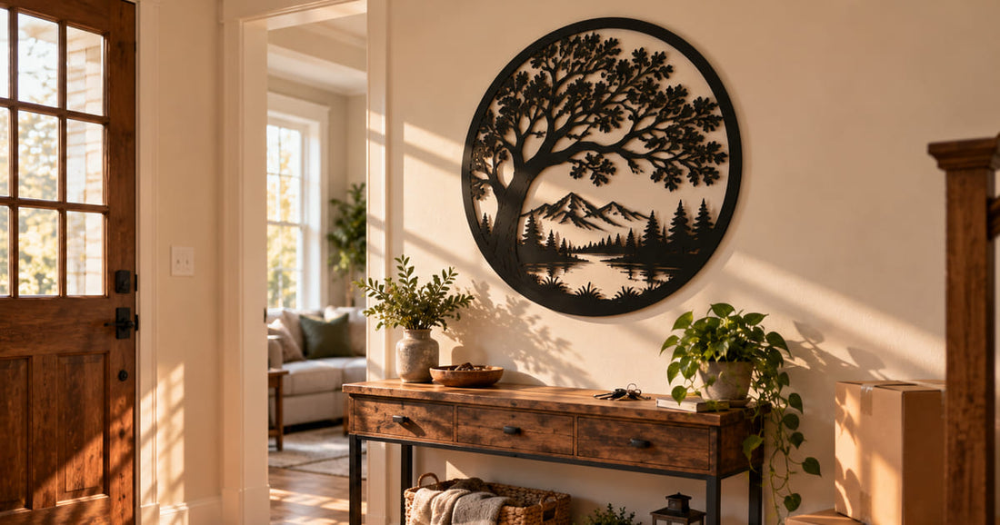 Personalized metal tree wall art above a console table in the bright entryway of a new home