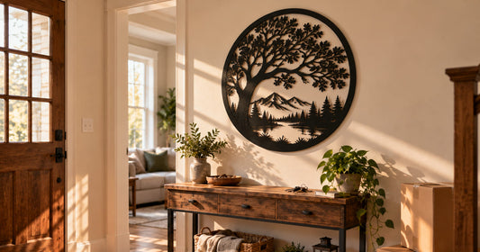 Personalized metal tree wall art above a console table in the bright entryway of a new home