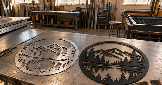 Flat laser cut steel pieces resting on a fabrication workbench in a metal workshop