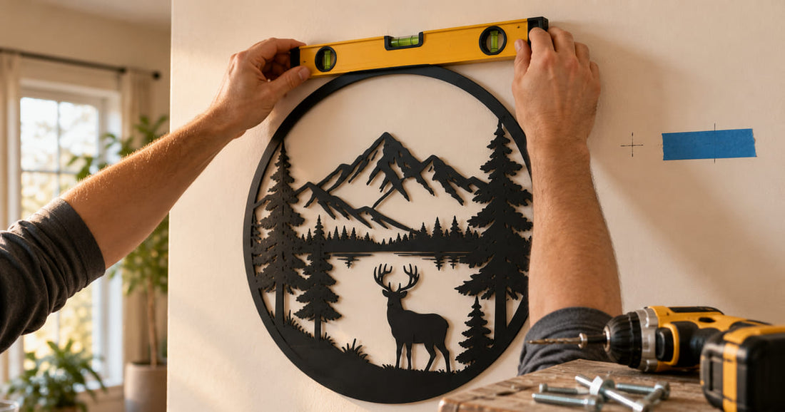 Hands holding a spirit level against a laser cut steel wall sign while hanging it on drywall, with a drill and painters tape nearby