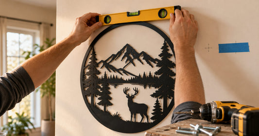 Hands holding a spirit level against a laser cut steel wall sign while hanging it on drywall, with a drill and painters tape nearby