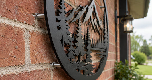 Close up of a metal wall sign mounted on an exterior brick wall with stainless standoff spacers fixed into the mortar joint