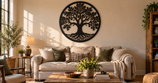 Large laser cut steel family tree wall art centred above a linen sofa in a sunlit living room