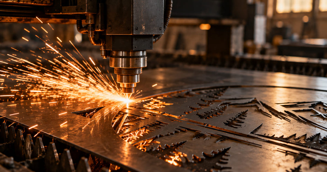 Industrial laser cutting head cutting a design from a flat steel sheet with orange sparks flying
