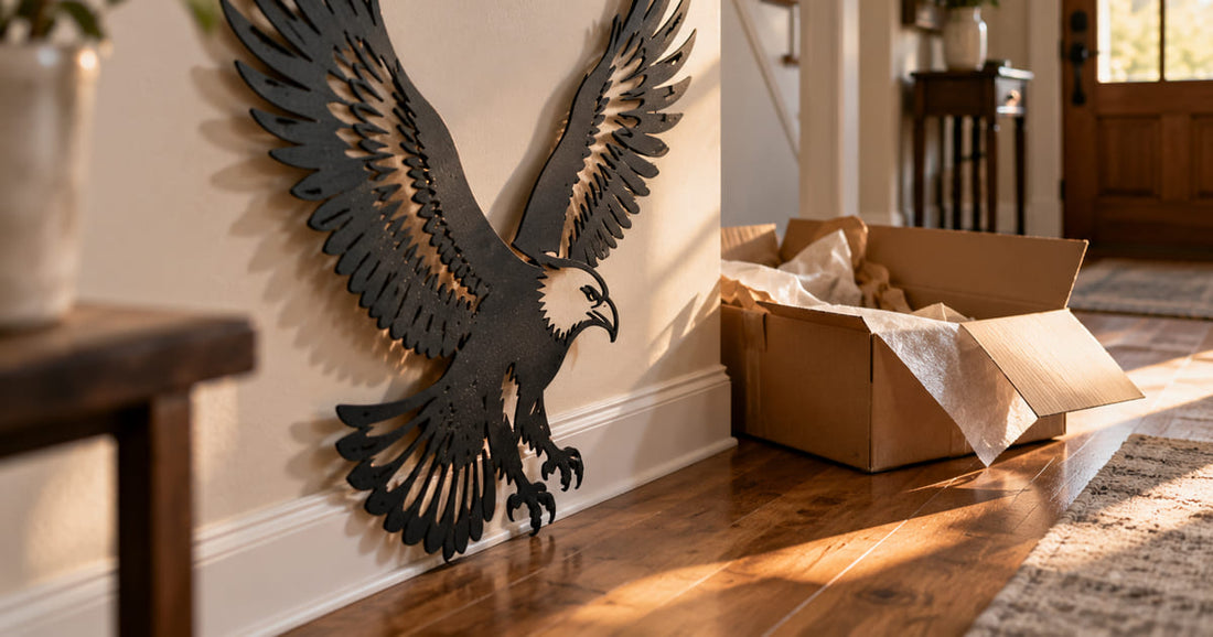 Laser cut steel eagle wall art leaning against a hallway wall beside an open shipping box just delivered