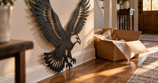 Laser cut steel eagle wall art leaning against a hallway wall beside an open shipping box just delivered