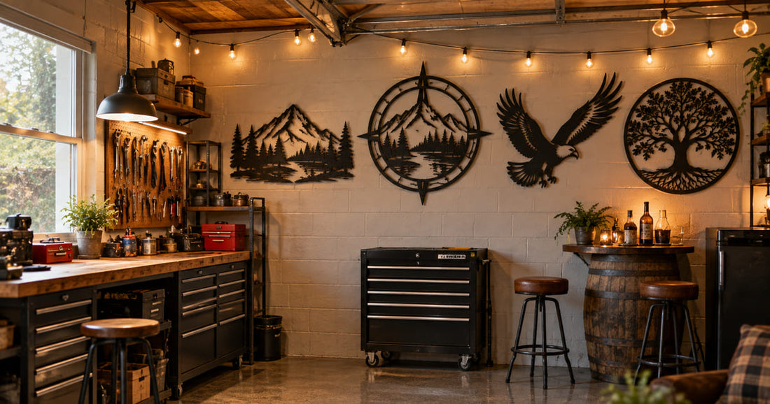 A group of laser cut steel wall signs arranged above a workbench and bar area in a finished garage man cave