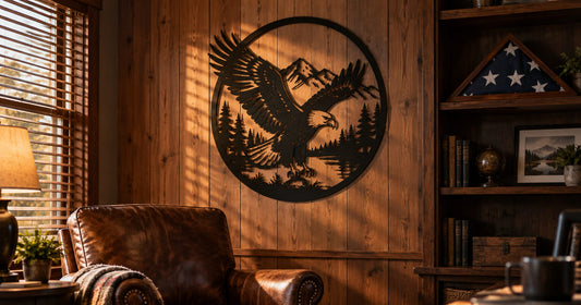 Laser cut steel eagle wall art in a wood panelled study beside a folded American flag in a display case