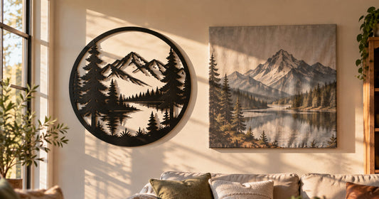 A laser cut steel wall piece and a canvas print hung side by side on a sunlit living room wall for comparison