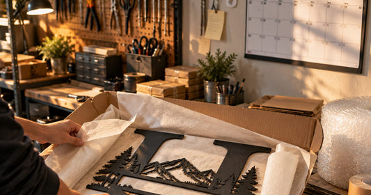 A finished personalized steel sign being wrapped and packed into a shipping carton on a workshop bench