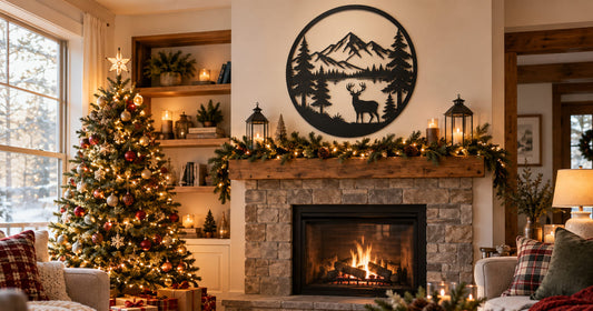 Personalized metal wall art hanging above a stone fireplace in a living room decorated for Christmas
