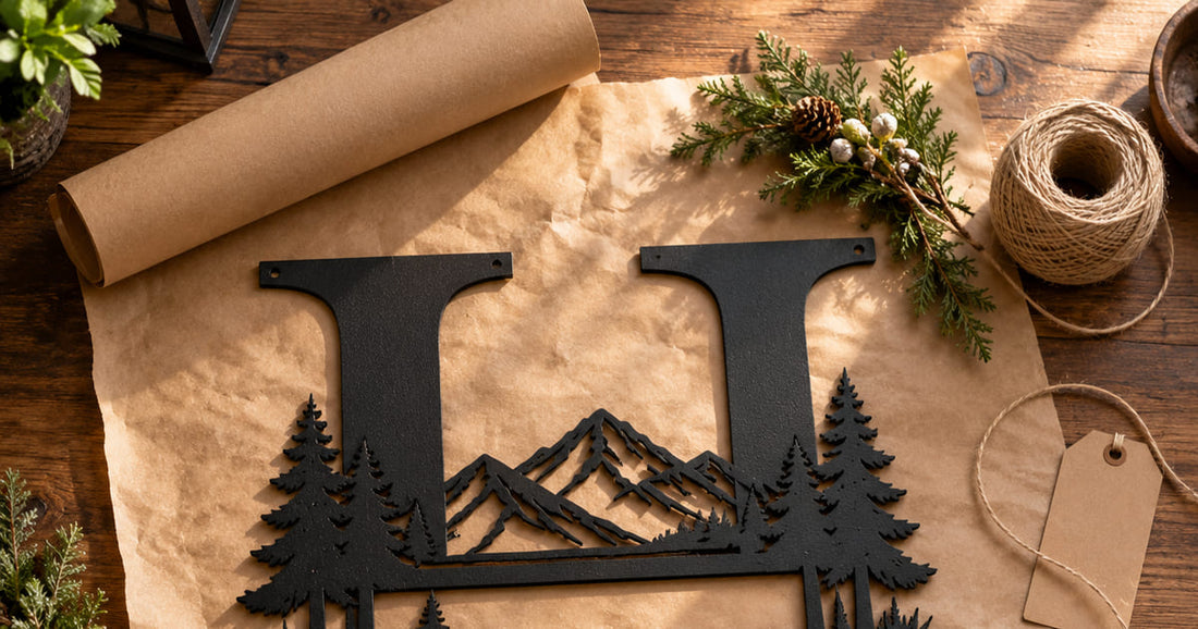 A personalized split letter monogram steel sign laid on kraft wrapping paper with twine and greenery ready to be gifted