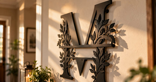 Close up of a black split letter monogram steel sign with foliage detail on a warm white wall