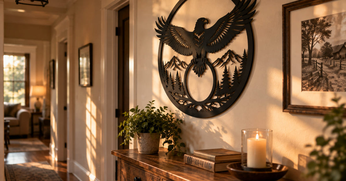 Laser cut steel eagle wall art in a home hallway above a console table with a lit candle