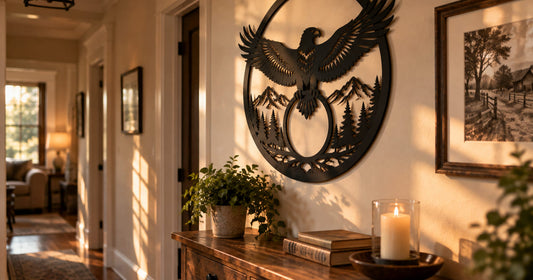 Laser cut steel eagle wall art in a home hallway above a console table with a lit candle
