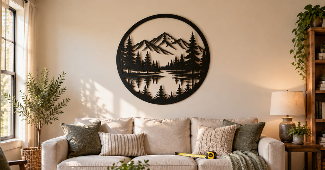 Round metal wall art hung above a sofa with a tape measure on the cushion showing how to size wall art