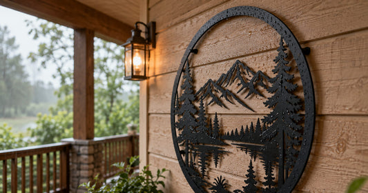 Powder coated steel wall art mounted on the exterior siding of a covered porch after rain