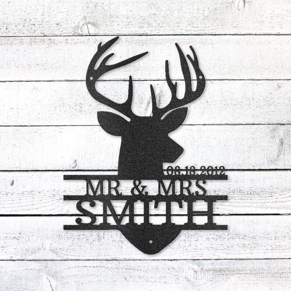 Deer Head Family Name Sign | Personalized Steel Wall Art | Made in USA