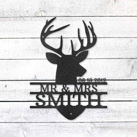 Deer Head Family Name Sign | Personalized Steel Wall Art | Made in USA
