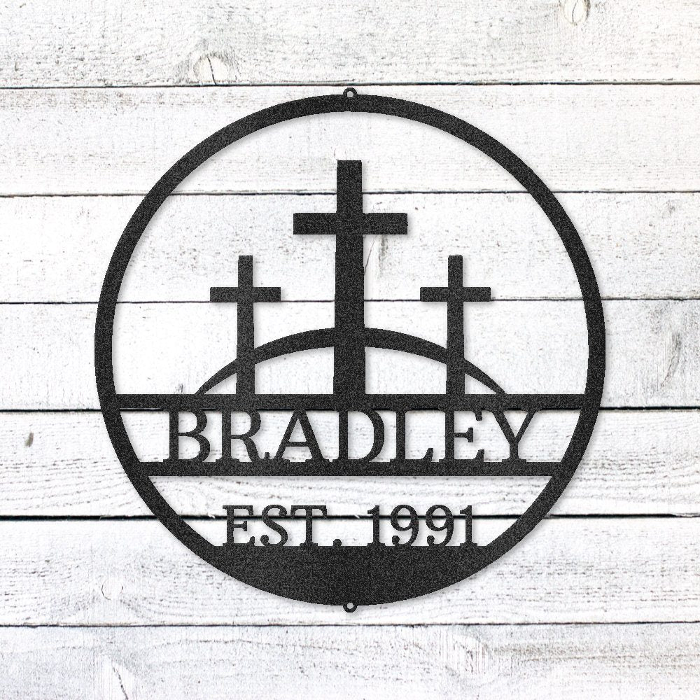 Three Crosses Family Sign | Personalized Steel Wall Art | Made in USA