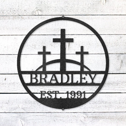 Three Crosses Family Sign | Personalized Steel Wall Art | Made in USA