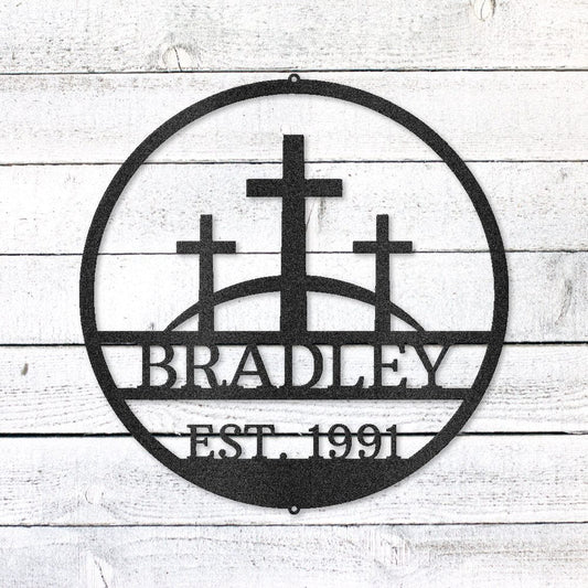 Three Crosses Family Sign | Personalized Steel Wall Art | Made in USA