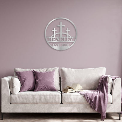 Three Crosses Family Sign | Personalized Steel Wall Art | Made in USA