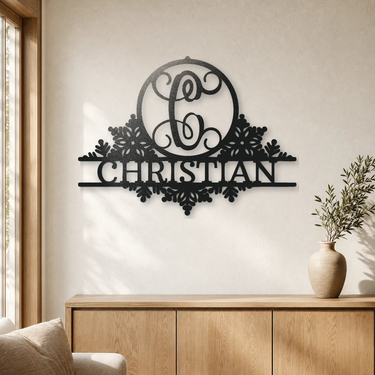 Snowfall Initial Monogram Sign | Personalized Steel Wall Art | Made in USA