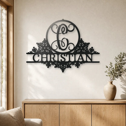 Snowfall Initial Monogram Sign | Personalized Steel Wall Art | Made in USA