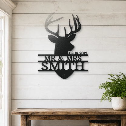 Deer Head Family Name Sign | Personalized Steel Wall Art | Made in USA