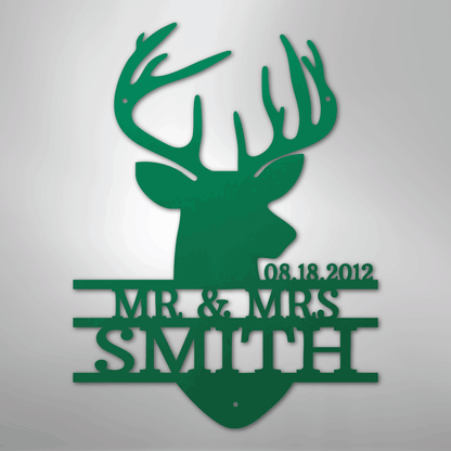 Deer Head Family Name Sign | Personalized Steel Wall Art | Made in USA