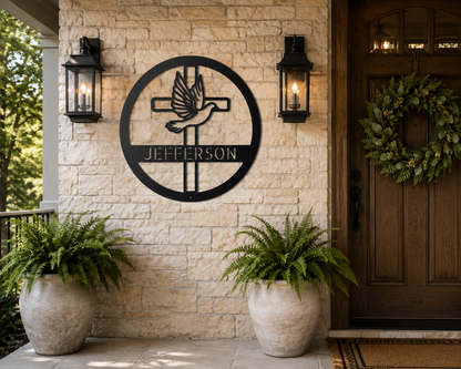 Dove and Cross Monogram Sign | Personalized Steel Wall Art | Made in USA