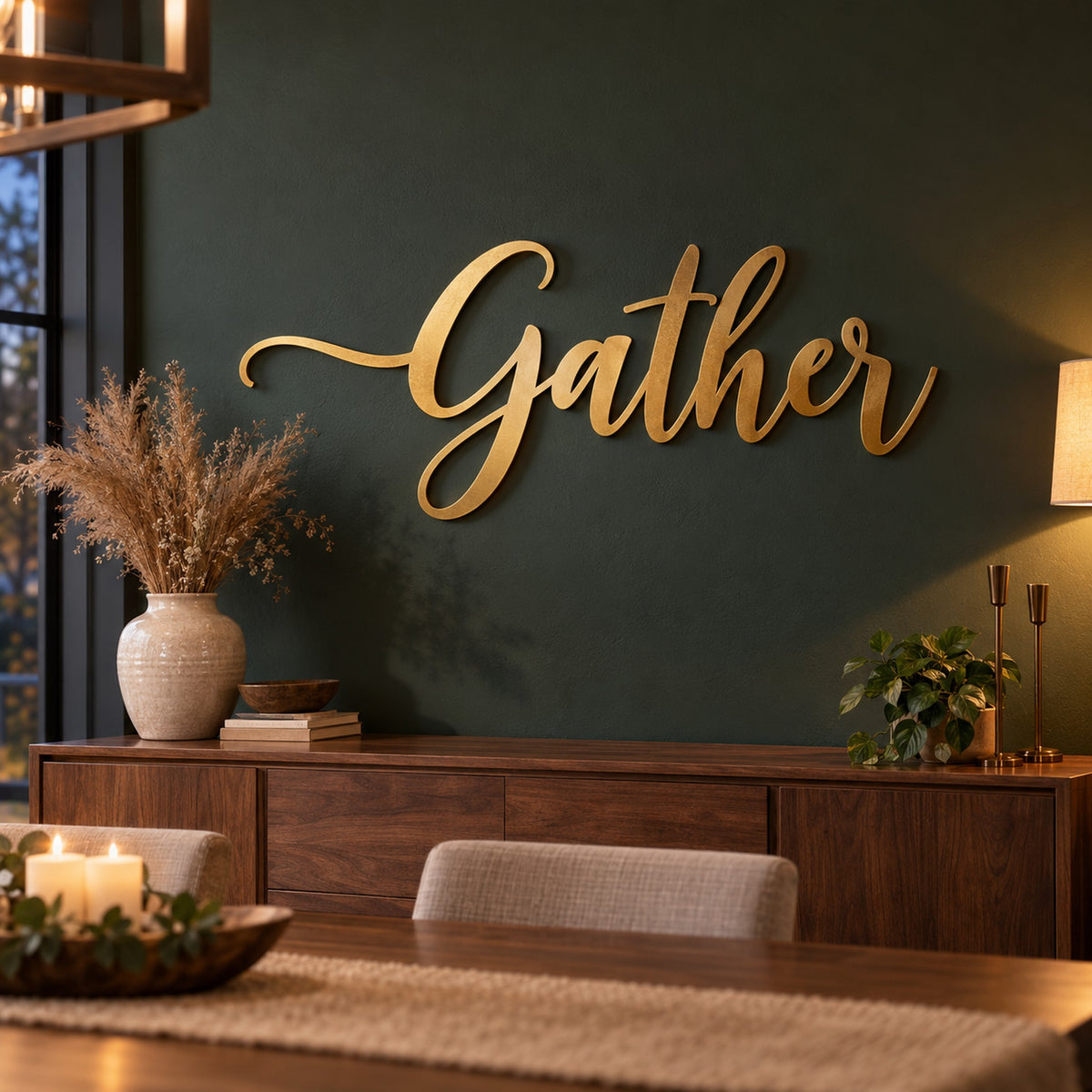Gold laser cut steel script letters spelling Gather floating on a dark green dining room wall above a walnut sideboard