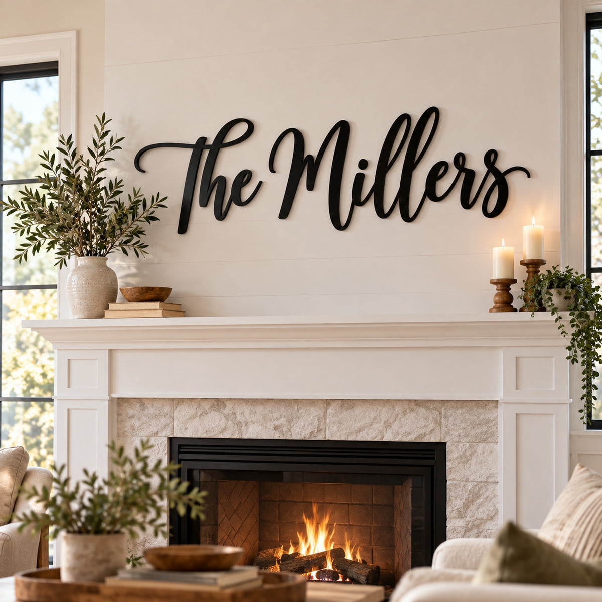 Black metal script letters spelling The Millers mounted above a white farmhouse fireplace mantel