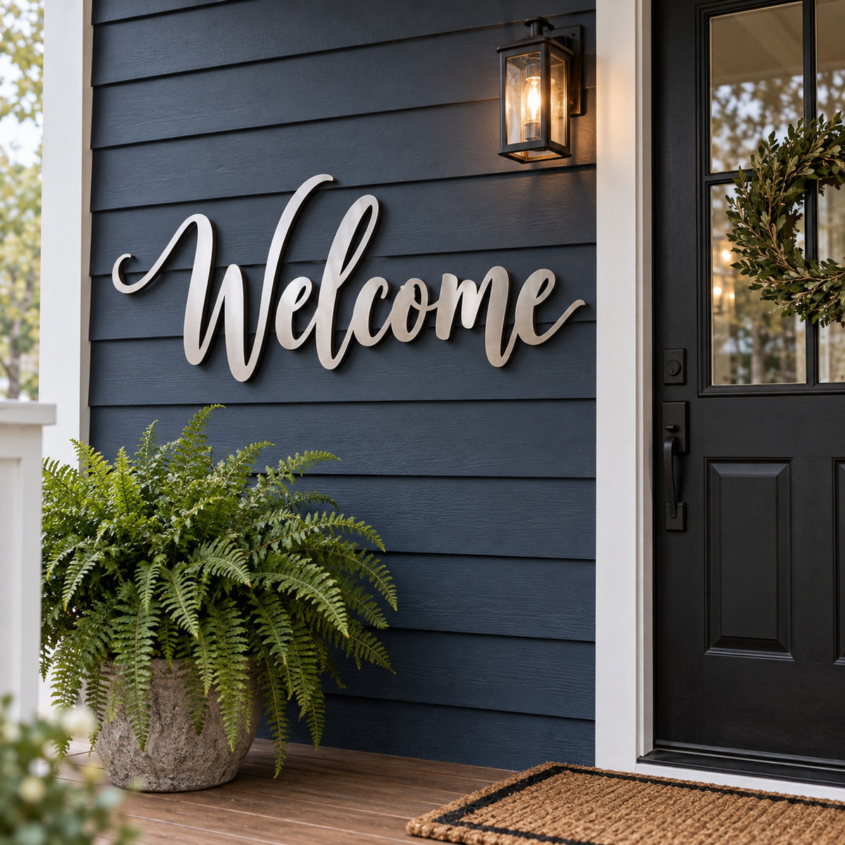 Silver steel script letters spelling Welcome on navy lap siding beside a black front door on a covered porch