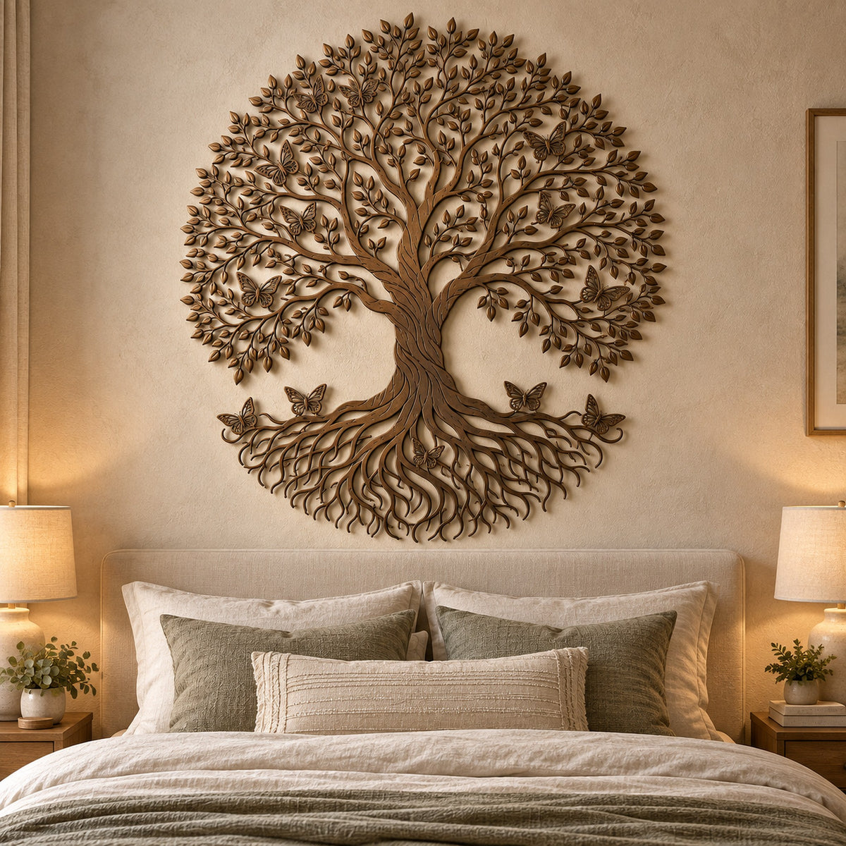 Bronze Tree of Life steel wall sculpture hung above an upholstered bed in a neutral bedroom