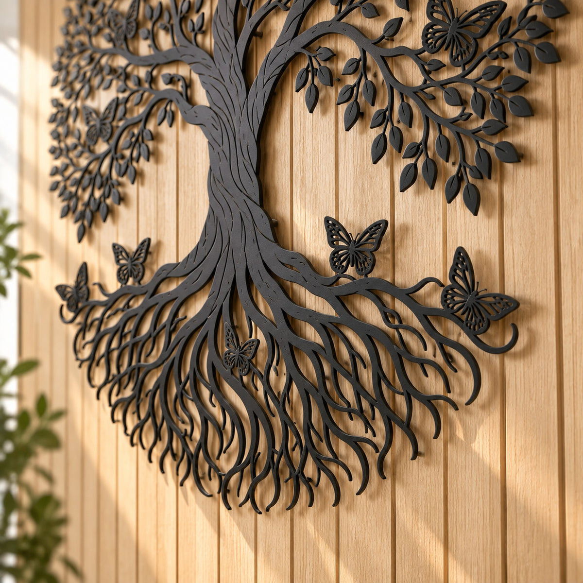 Close up of laser cut leaves, butterflies and curling roots on a black powder coated Tree of Life wall art