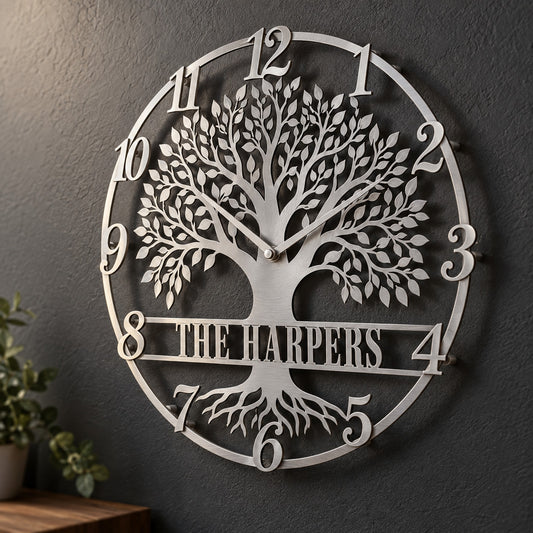 Silver personalized Tree of Life metal wall clock with script numerals and a The Harpers banner on a charcoal wall
