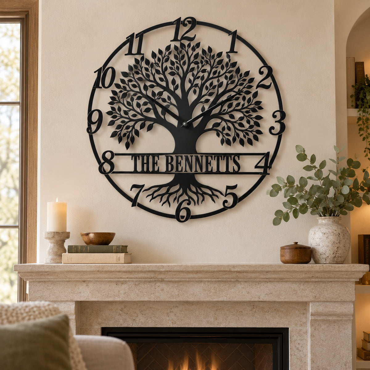 Black Tree of Life family name wall clock reading The Bennetts above a stone fireplace mantel