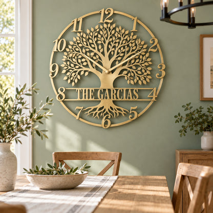 Gold personalized Tree of Life metal wall clock reading The Garcias on a sage green dining room wall