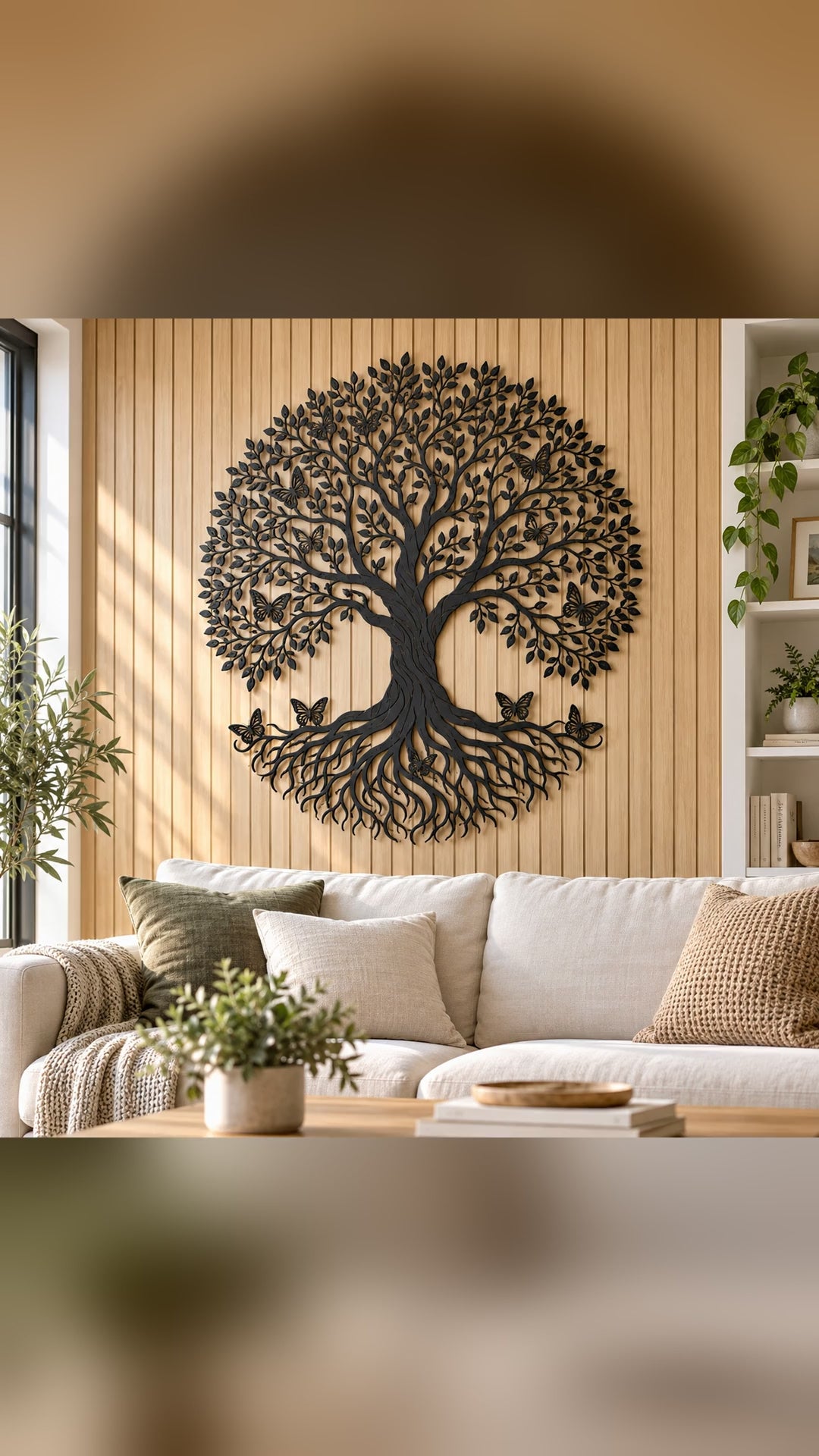Black steel Tree of Life wall art with butterflies in the branches and on the roots above a cream sofa on a wood slat wall – short video