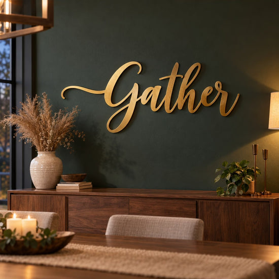 Gold laser cut steel script letters spelling Gather floating on a dark green dining room wall above a walnut sideboard – short video
