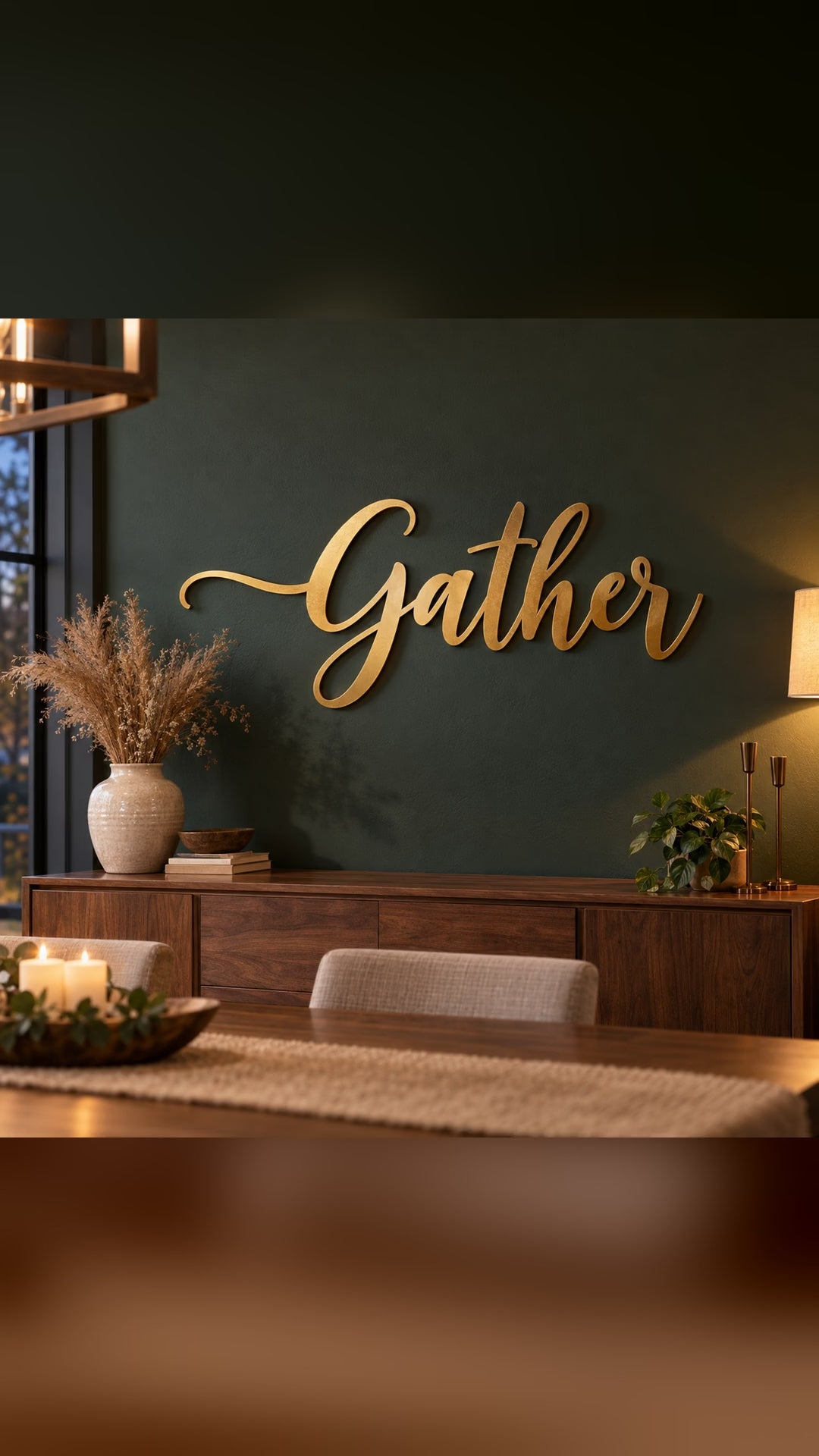 Gold laser cut steel script letters spelling Gather floating on a dark green dining room wall above a walnut sideboard – short video