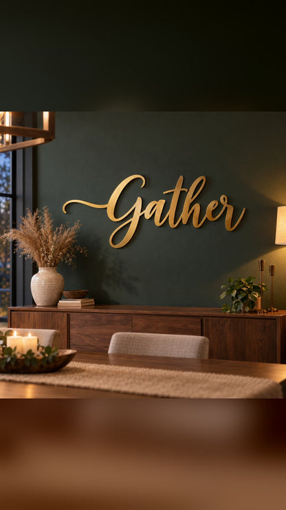 Gold laser cut steel script letters spelling Gather floating on a dark green dining room wall above a walnut sideboard – short video